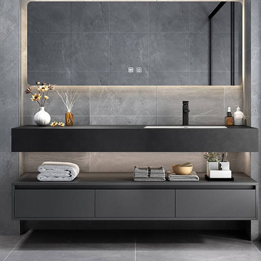 Black bathroom vanity with drawers