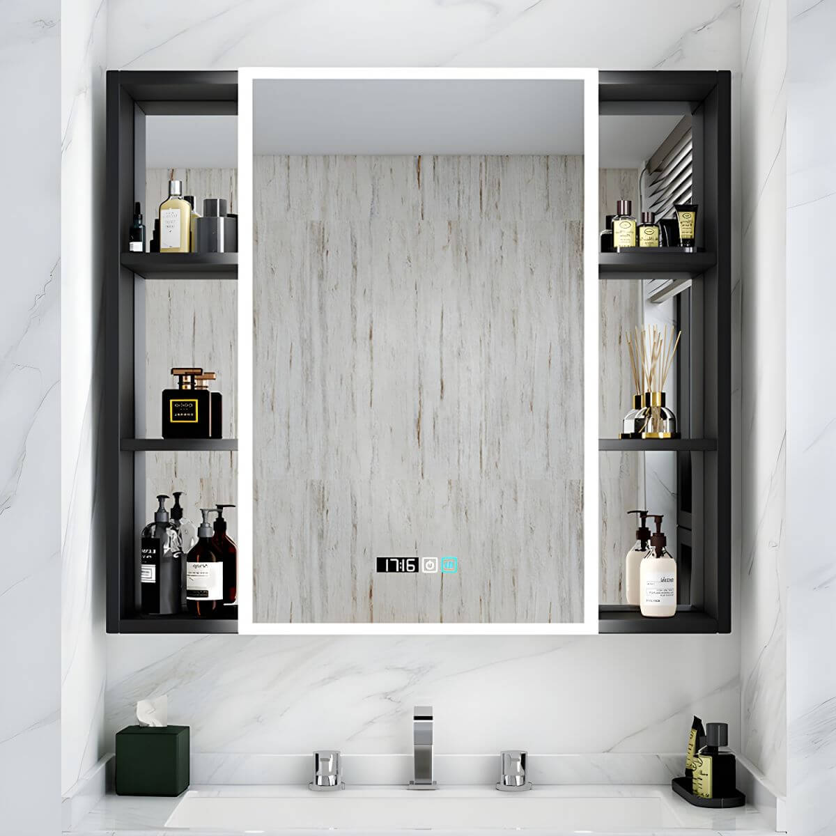 Black frameless medicine cabinet with swinging door