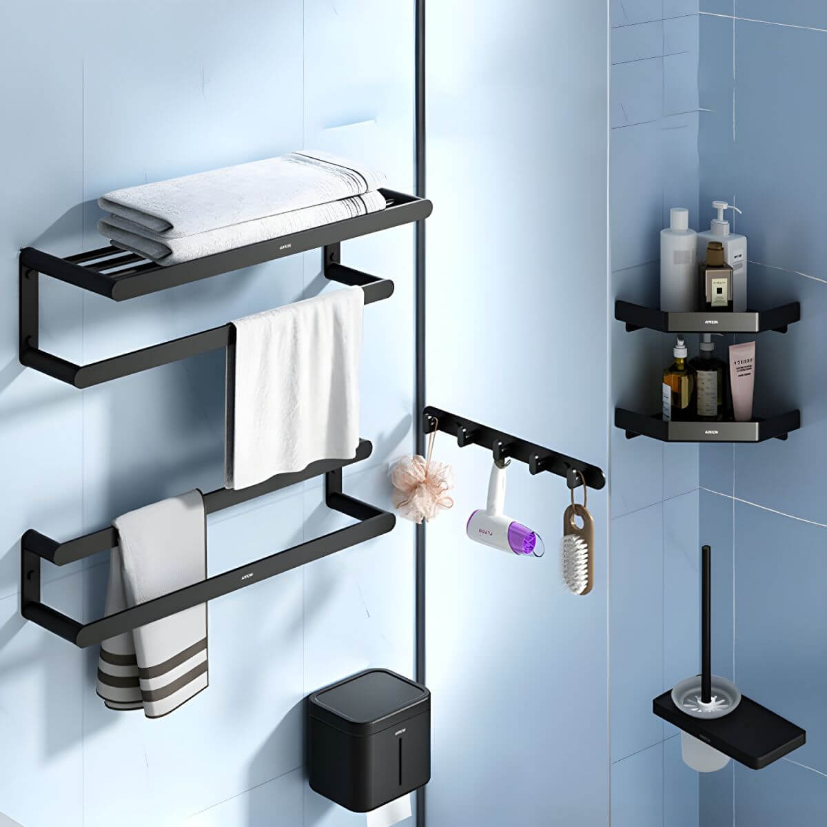 Black Metal Bath Shelf with Towels