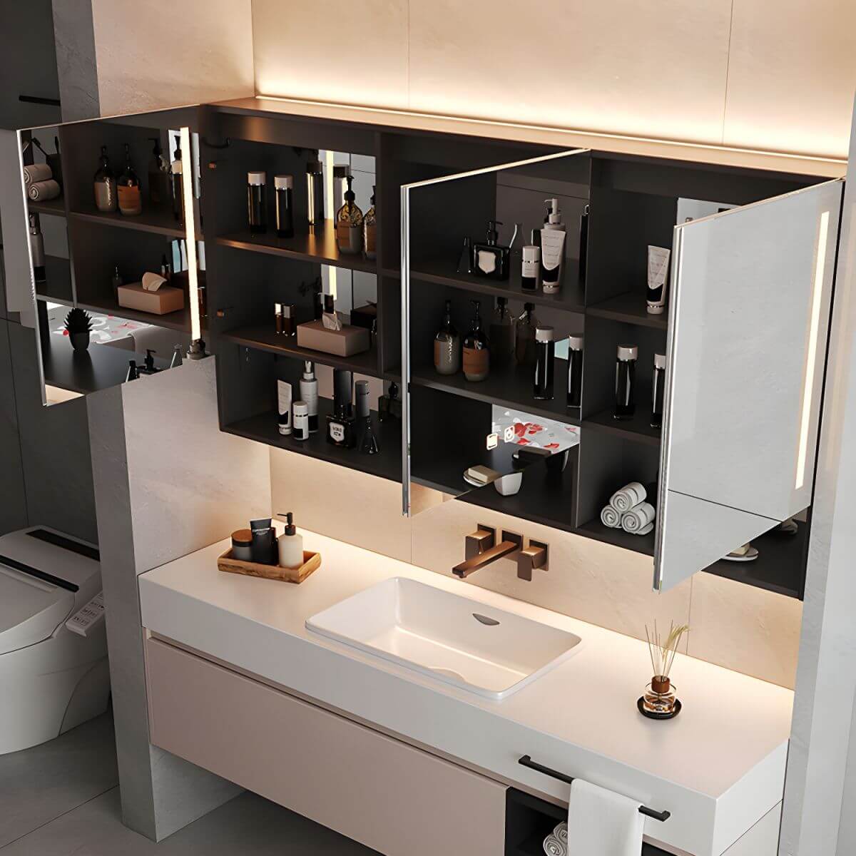 Modern bathroom with black medicine cabinet