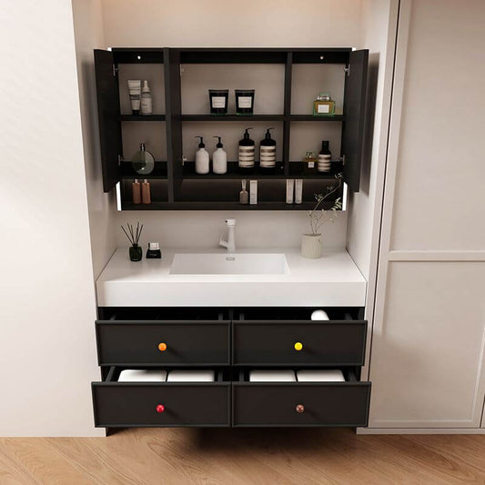 Modern bathroom vanity with four drawers and three doors