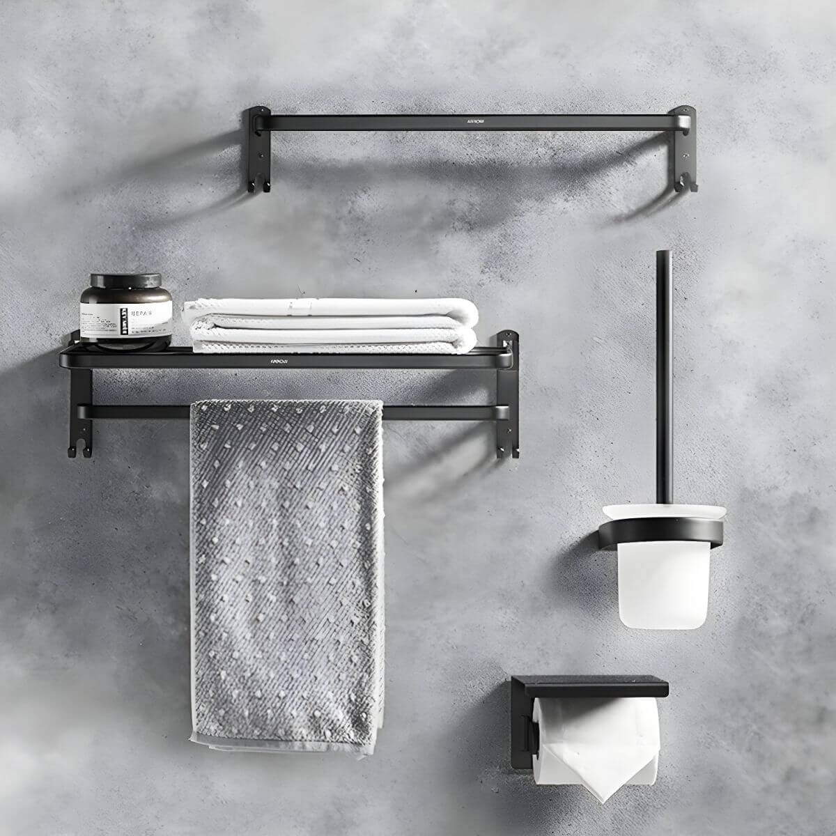 Black metal towel rack in bathroom