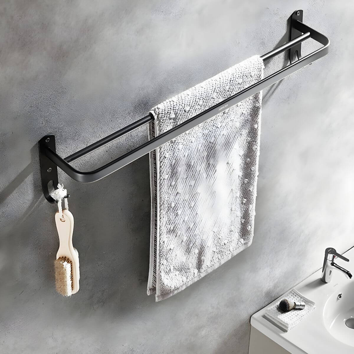 Black metal towel rack in bathroom