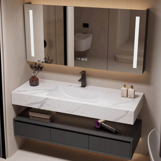 Modern black bathroom vanity with drawers