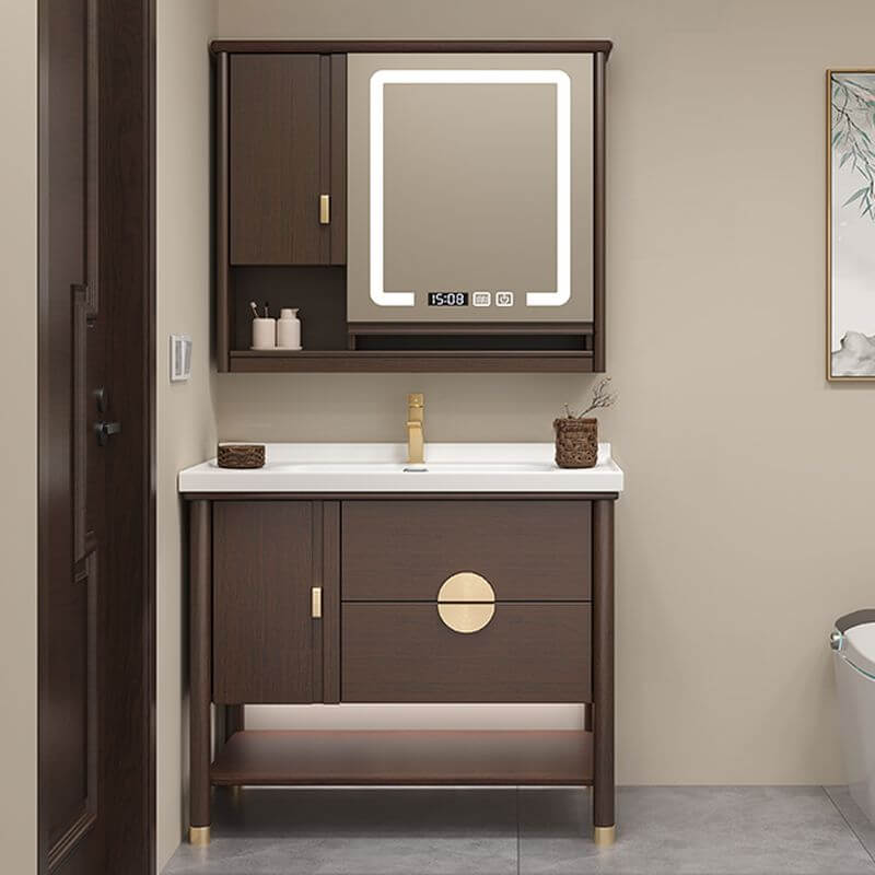 Full view of free-standing bathroom vanity setup