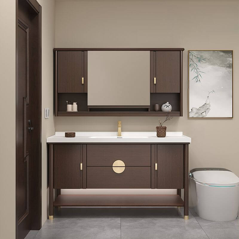 Brown bathroom vanity with stone countertop