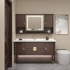 Contemporary bathroom decor with brown vanity