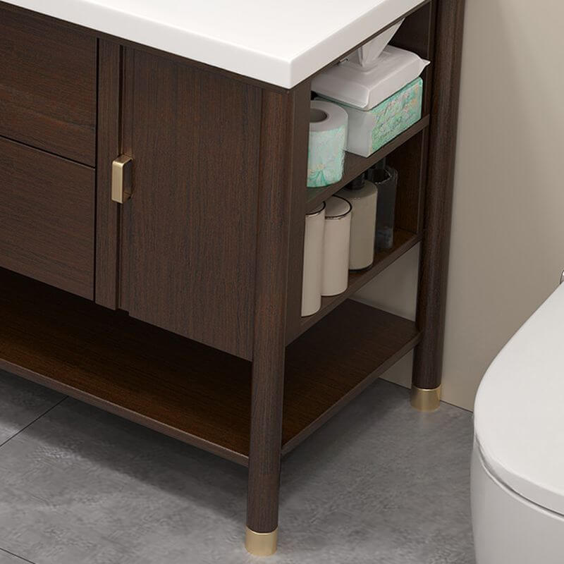 Interior view of bathroom vanity shelves