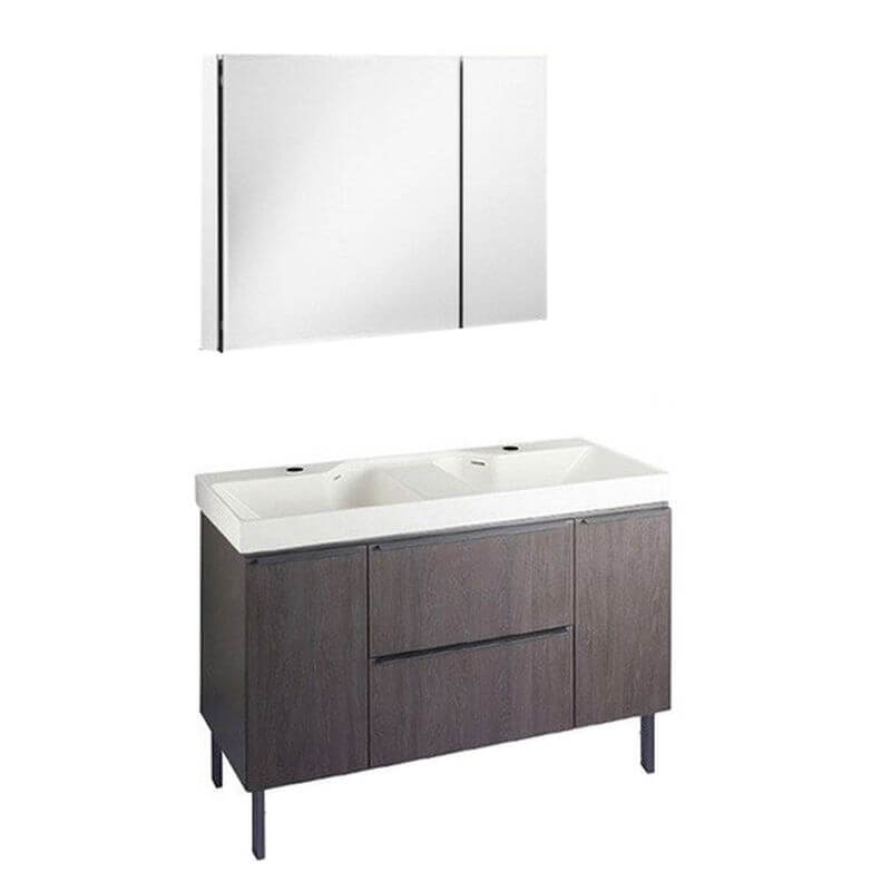 Brown bathroom vanity with white sink