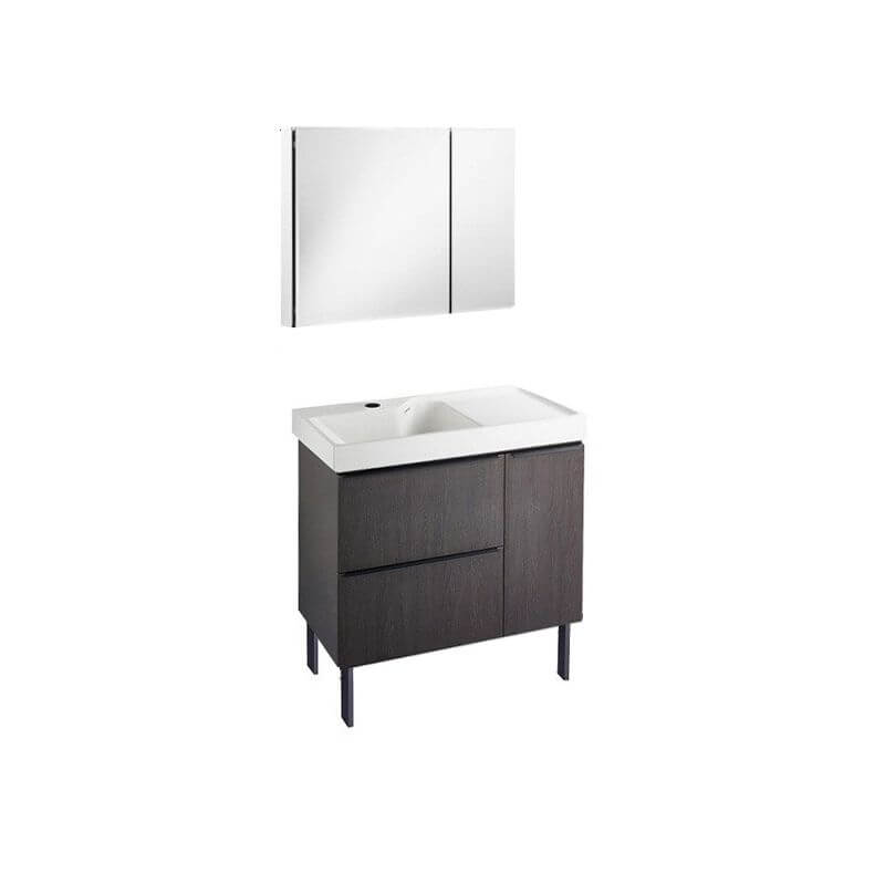 Brown bathroom vanity with white sink