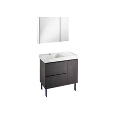 Brown bathroom vanity with white sink