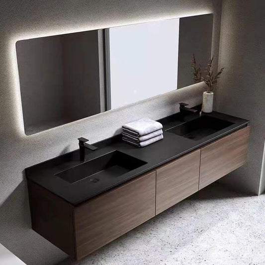 Brown Stone Bathroom Vanity with Black Sink