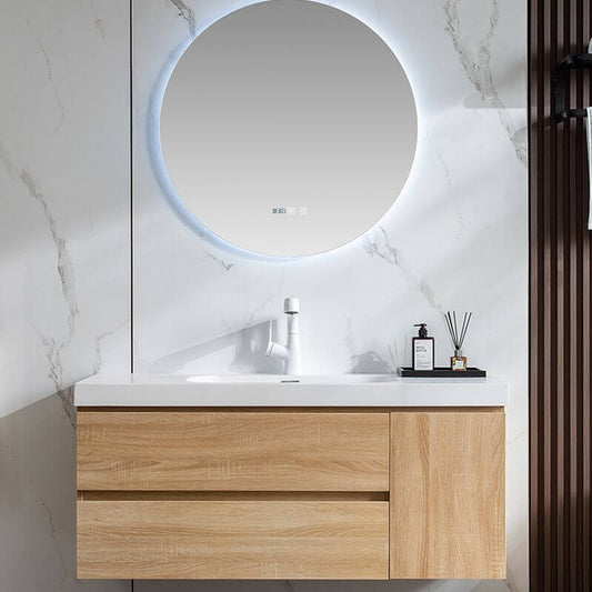 Brown wall mounted bathroom vanity with white sink