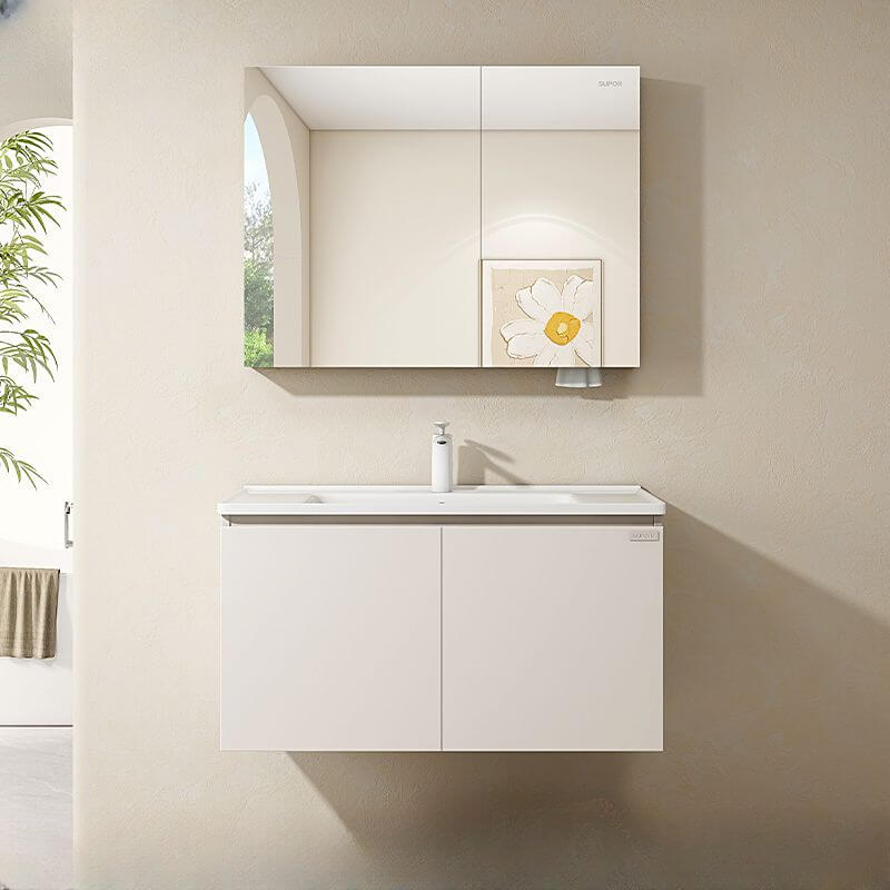 Modern bathroom vanity with round mirror