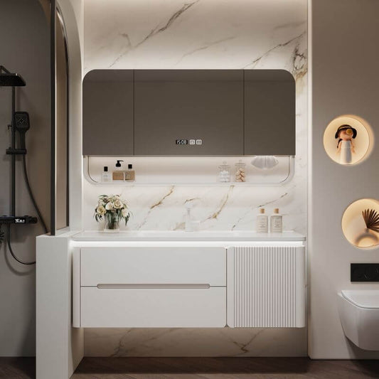 Chalk Timber Bathroom Vanity with white ceramic sink