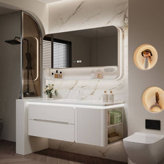 Close-up of bathroom vanity doors and drawers