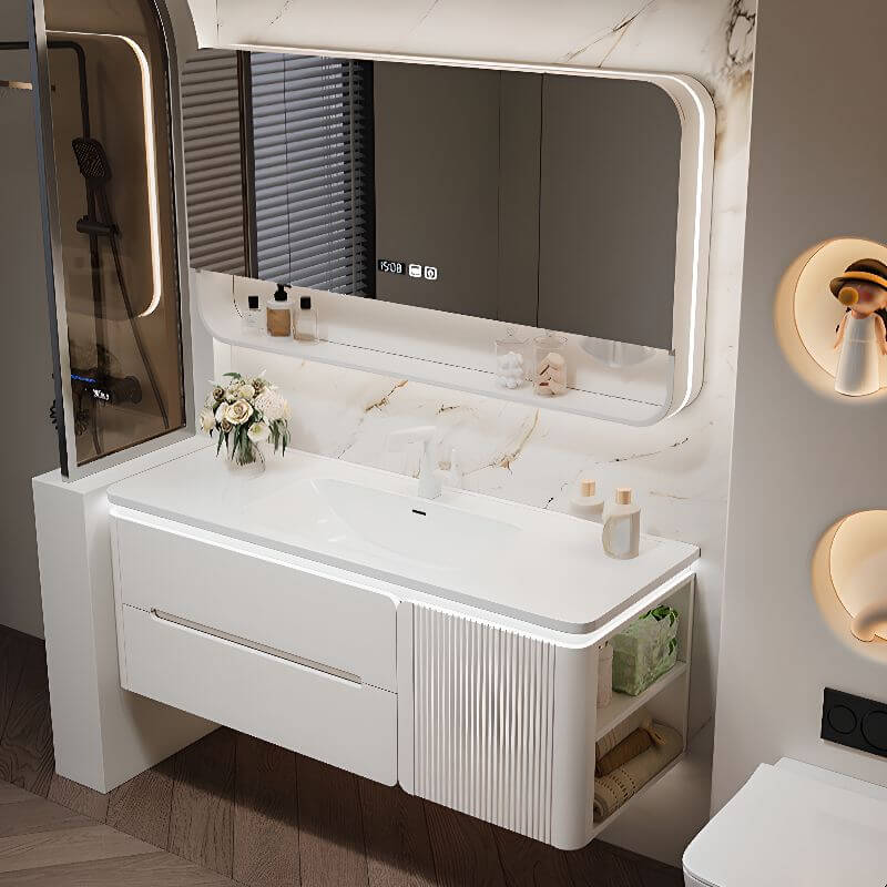 Stylish ceramic sink on white bathroom vanity