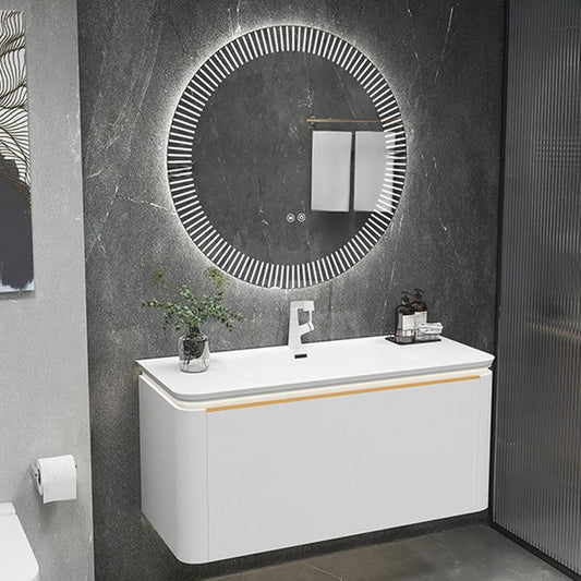 White stone sink on bathroom vanity