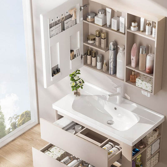 Chic bathroom vanity with drawers and shelves