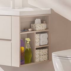 Close-up of bathroom vanity drawers and accessories