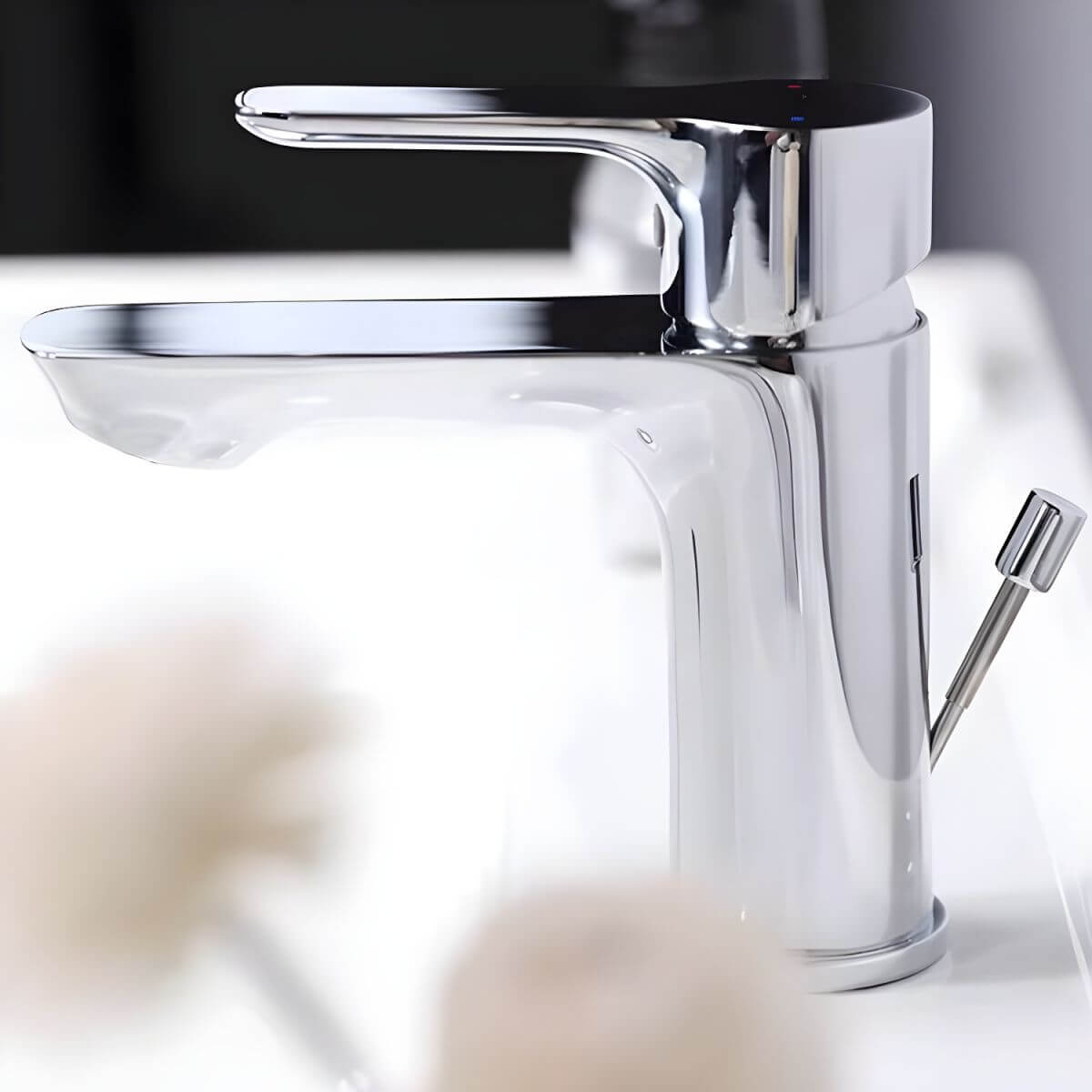 Close-up of chrome faucet handle