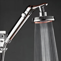 Close-up of handheld shower head features