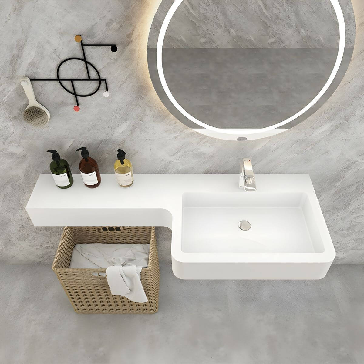 Modern bathroom setup with white resin sink