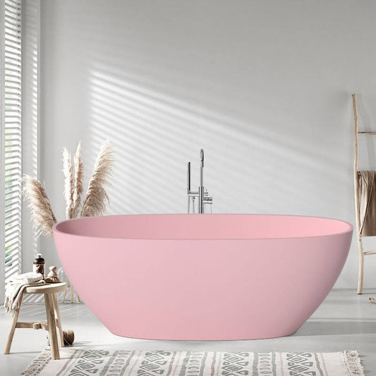 Stone oblong freestanding bathtub with antiqued wood distressing, roll top, valve, and overflow hole