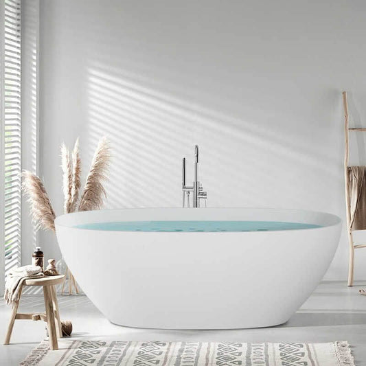Stone oblong freestanding bathtub with antiqued wood distressing, roll top, valve, and overflow hole