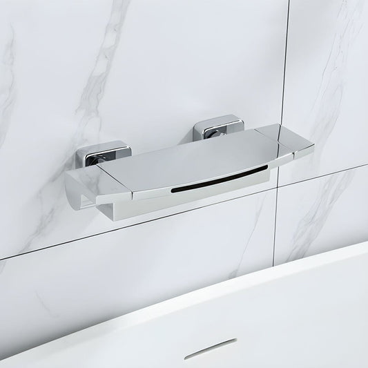 Copper-finished contemporary waterfall bathtub spout with volume control and lever handles