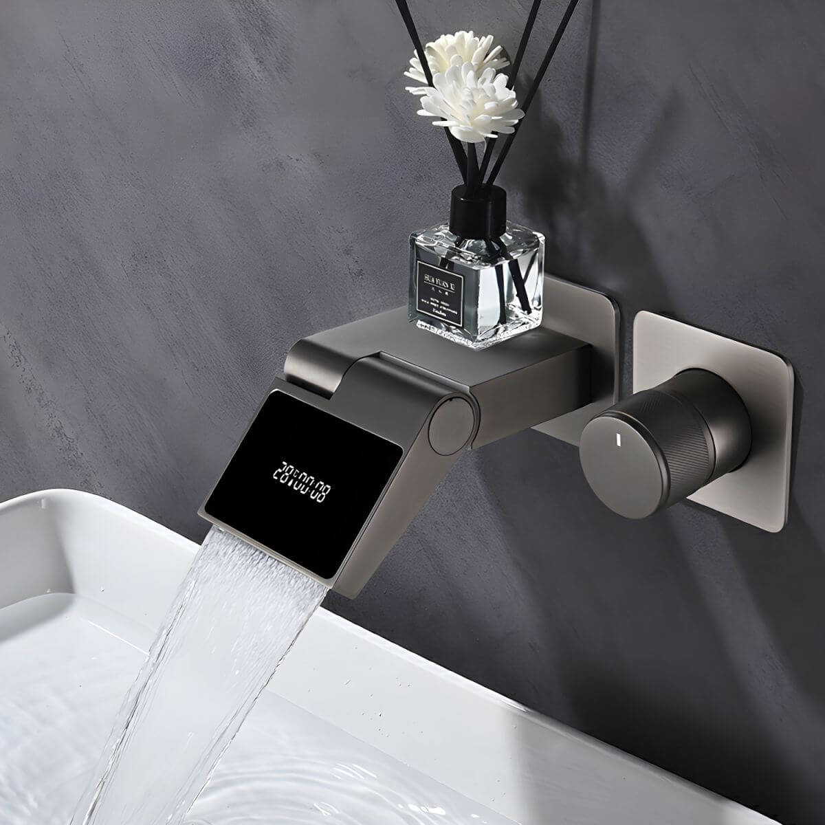 Sleek black wall mounted faucet with waterfall spout