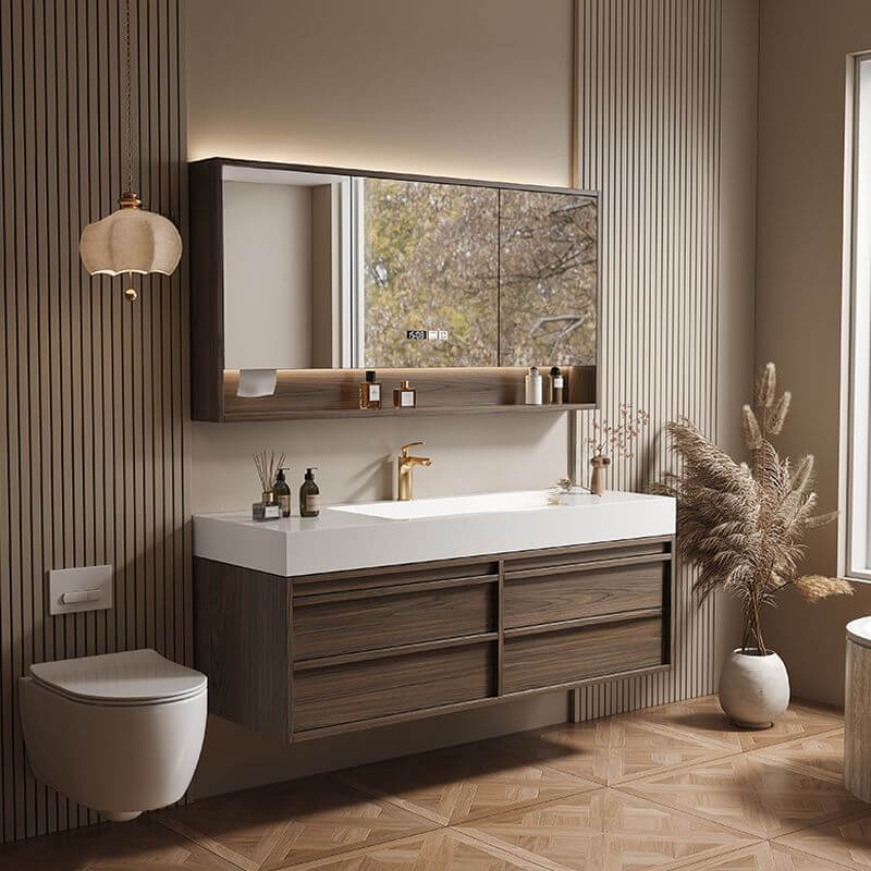 Elegant brown bathroom vanity with drawers and shelves