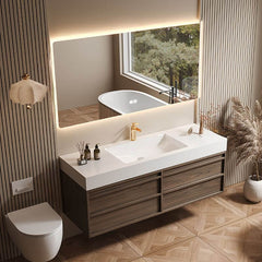 Modern bathroom styling featuring brown vanity