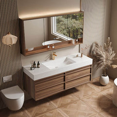 Functional bathroom storage solutions with vanity