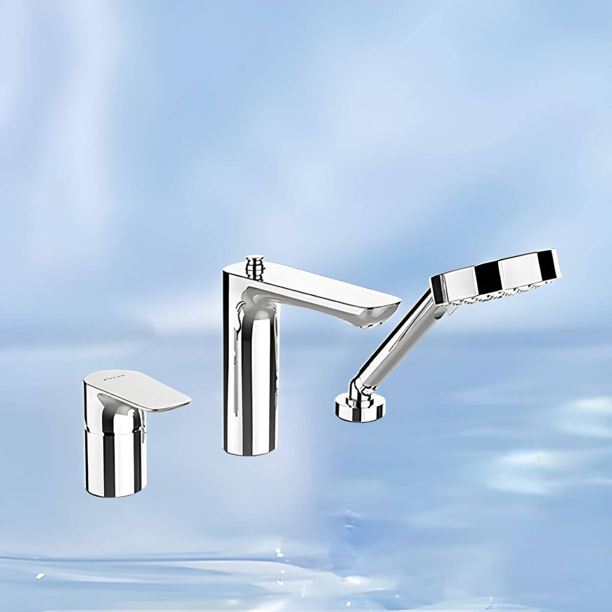 Close-up of the chrome finish on the bathtub faucet