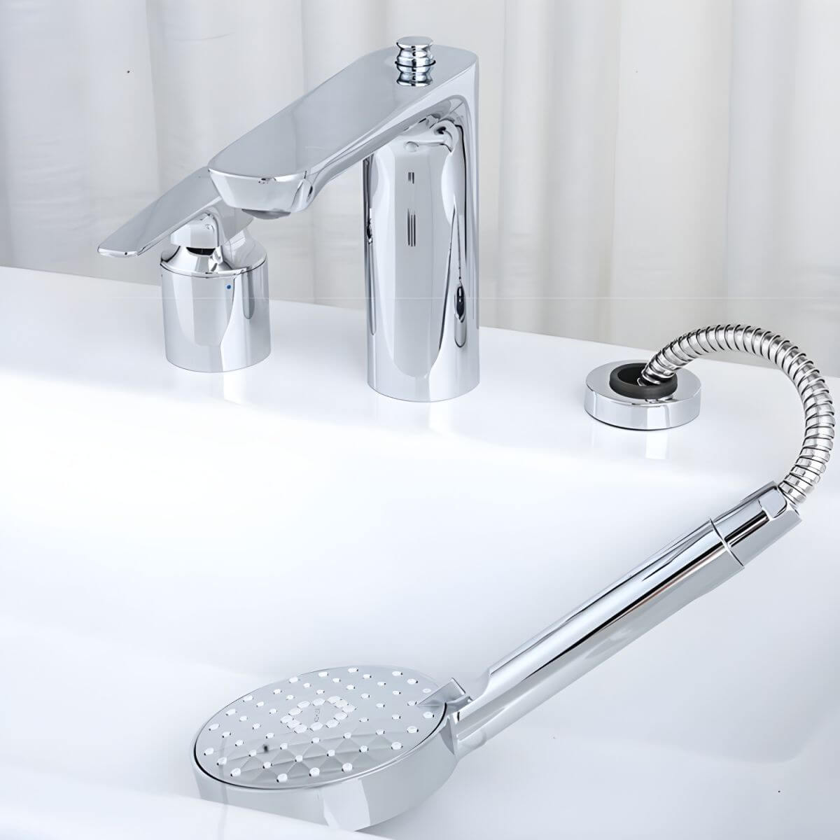 Modern bathroom featuring the chrome bathtub faucet