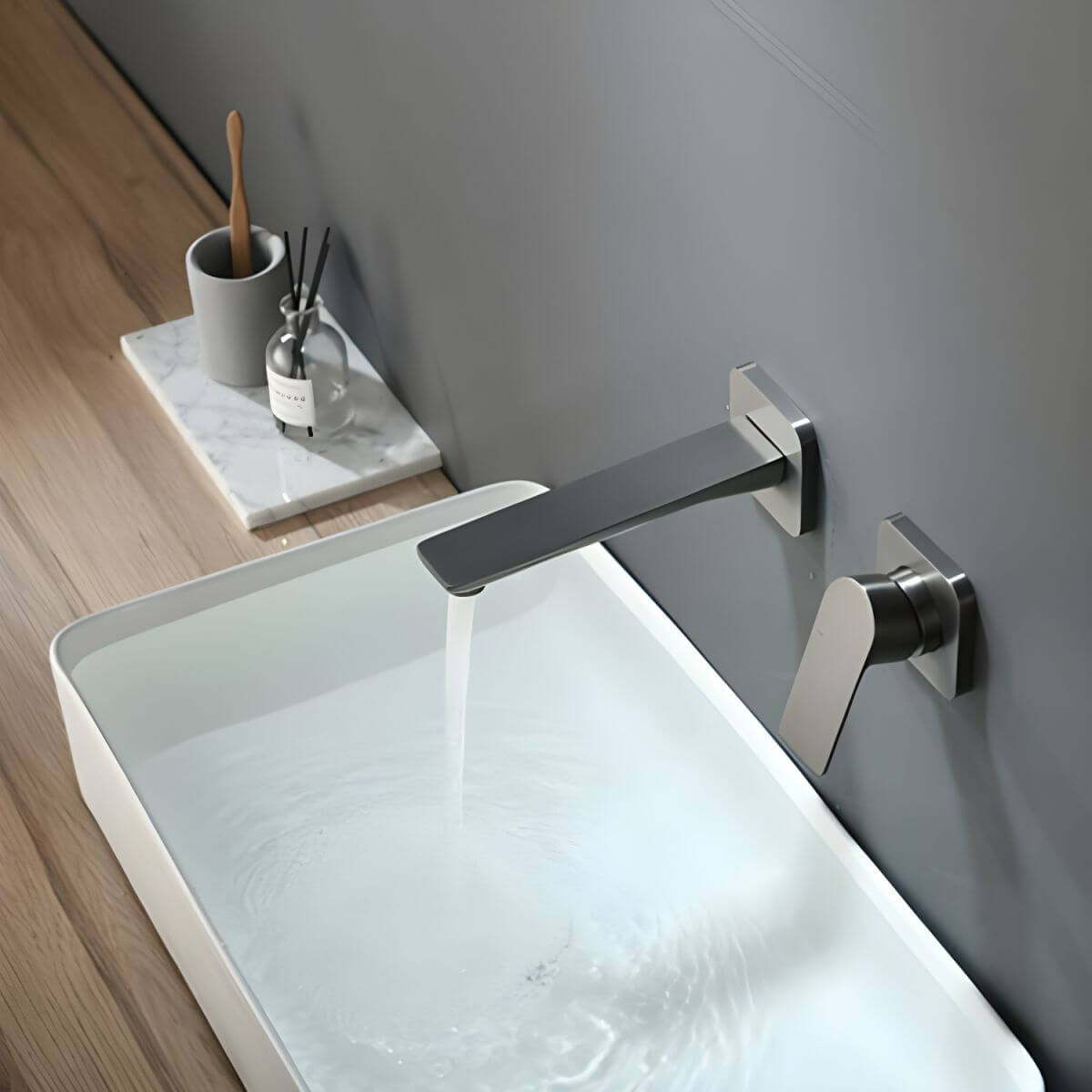 Modern black wall mounted faucet with lever handle