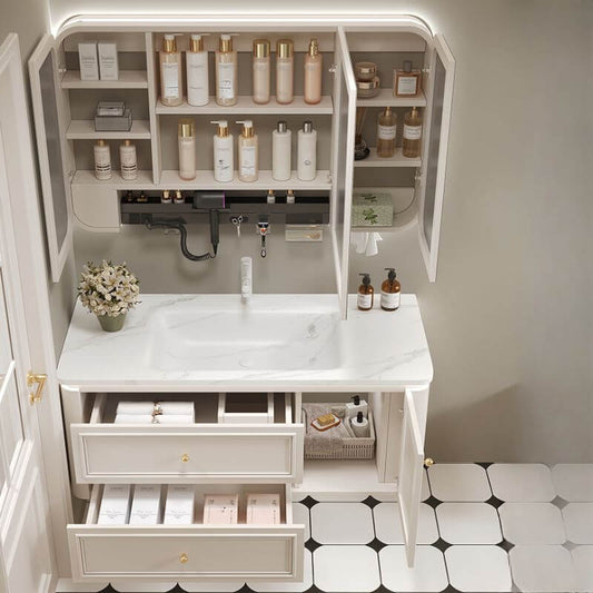 Close-up of drawers and doors of the bathroom vanity