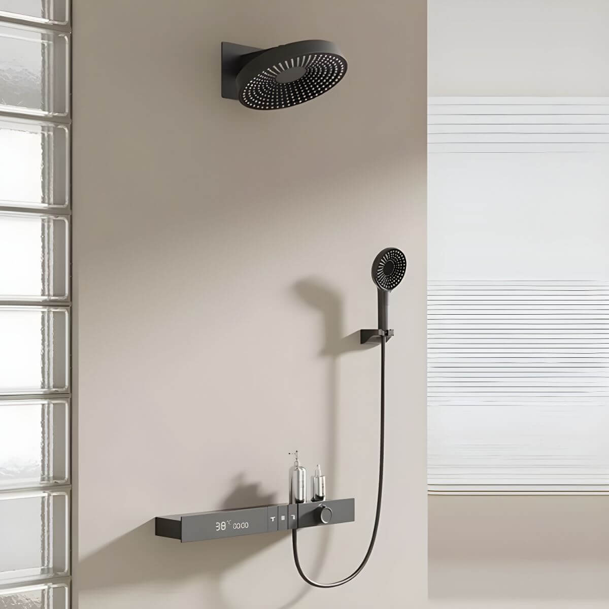 Modern black shower system installed in a bathroom