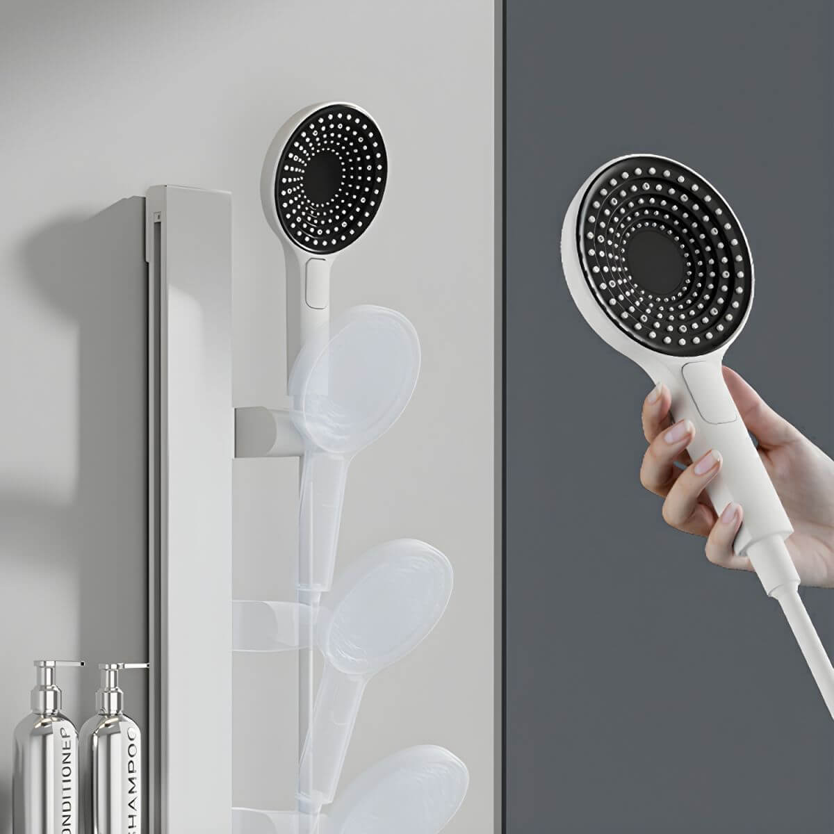 Handheld shower head featured in elegant bathroom