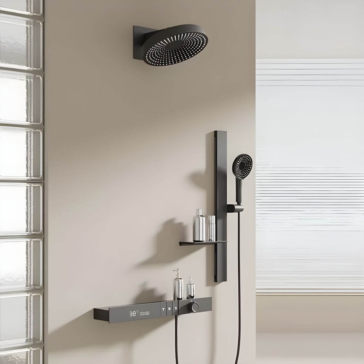 Handheld shower head featured in elegant bathroom