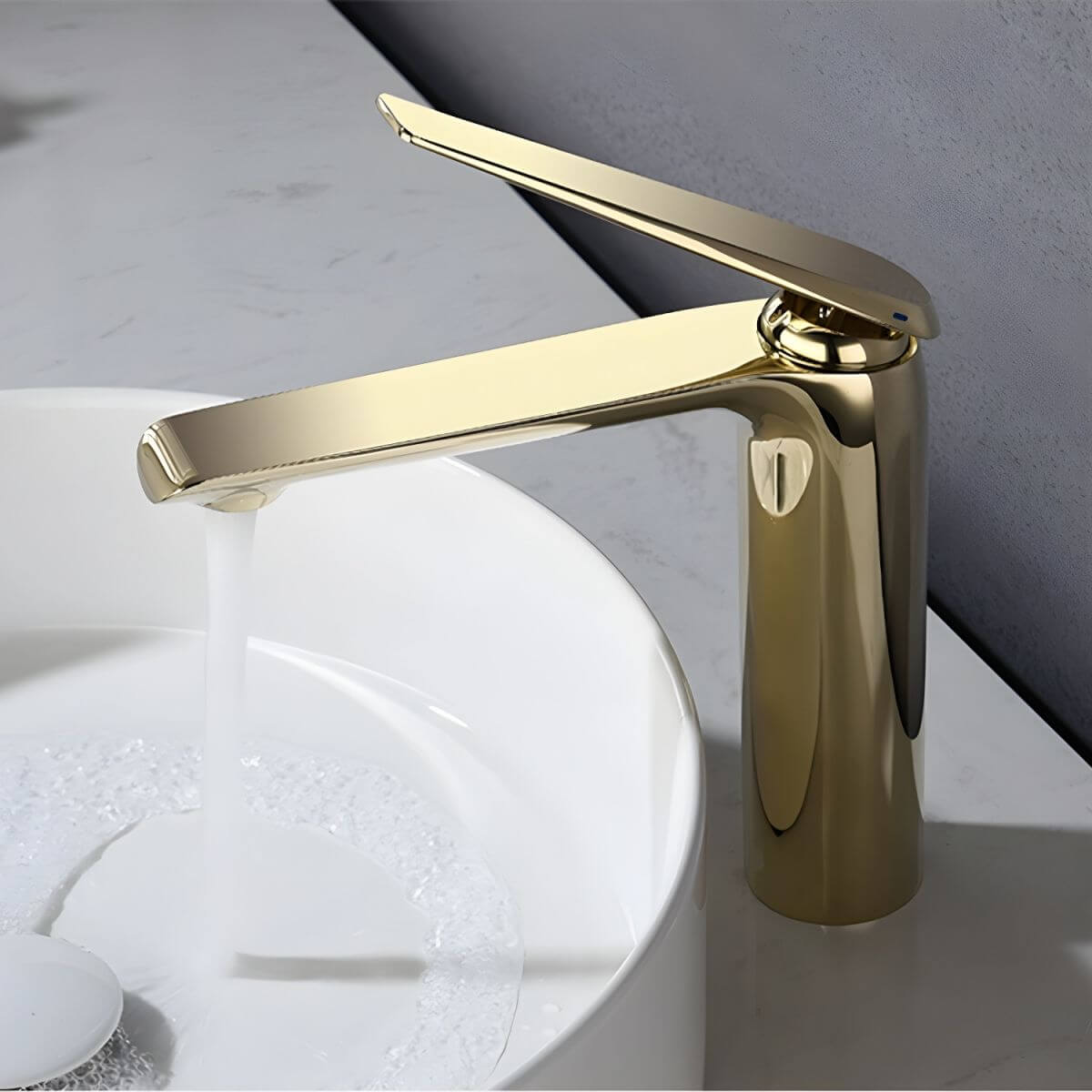 Rose gold bathroom sink faucet with low arc spout