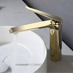 Rose gold bathroom sink faucet with low arc spout