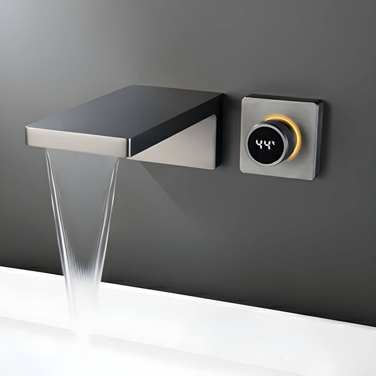 Stylish grey waterfall touch faucet installed