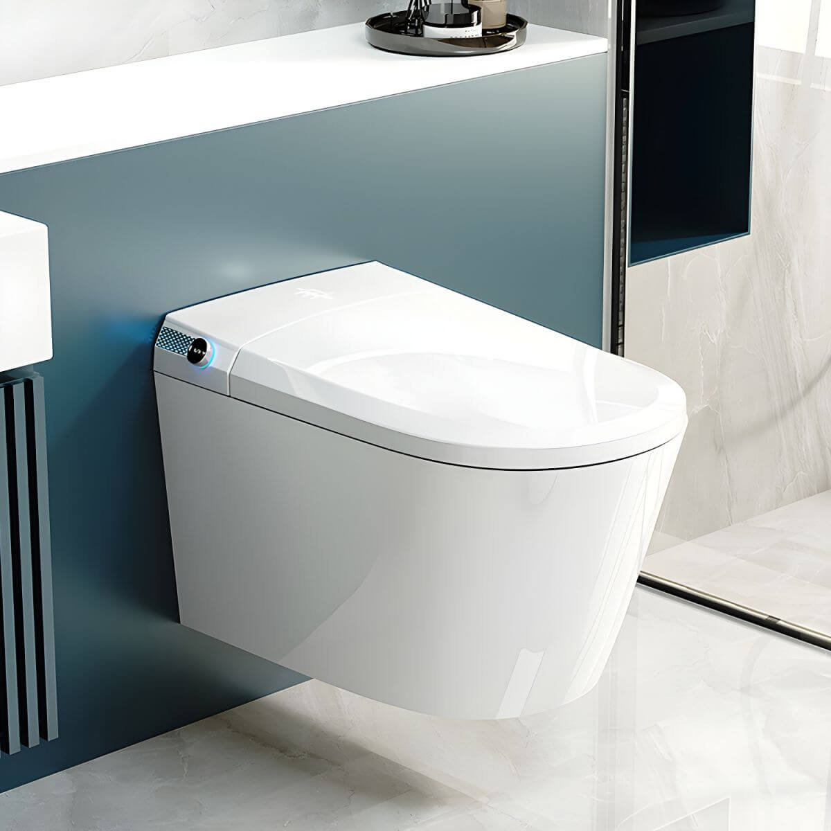 White elongated bidet in modern bathroom