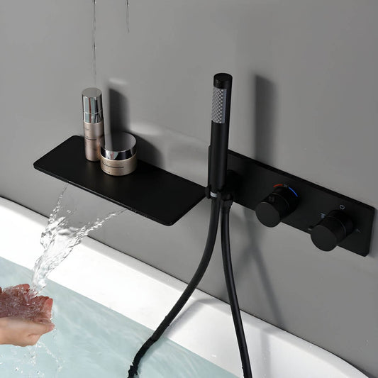 Modern wall-mounted Roman bathtub faucet with hand shower and waterfall feature