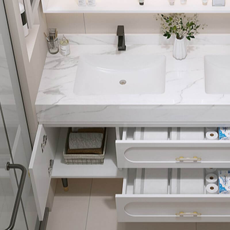 Modern bathroom vanity with white stone countertop