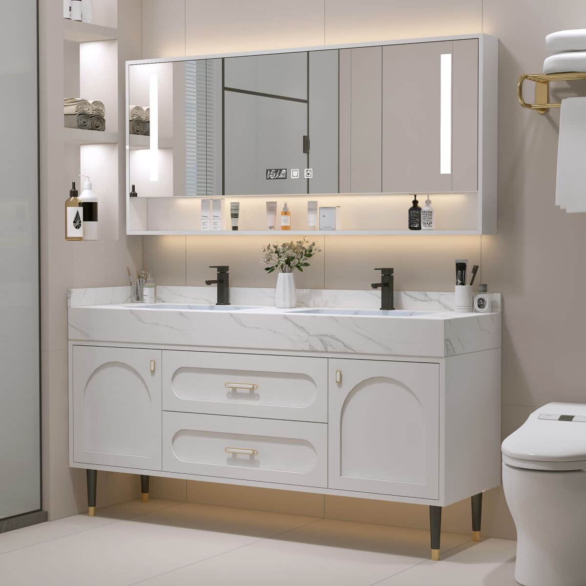 Bathroom vanity with two drawers and five doors