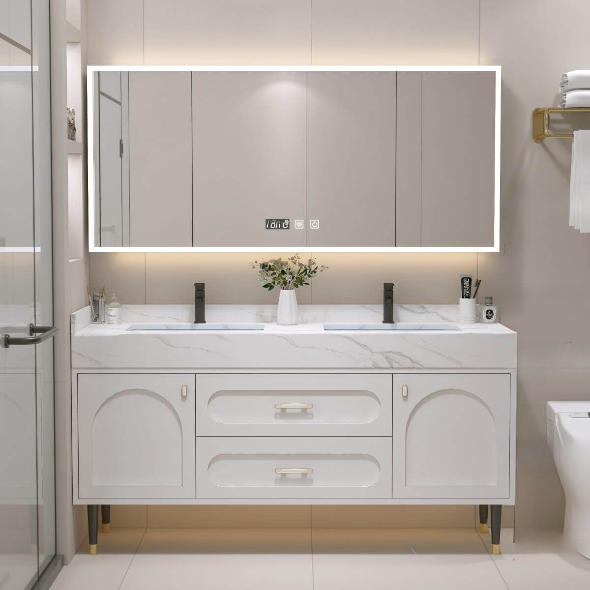 Contemporary bathroom setup with vanity and decor