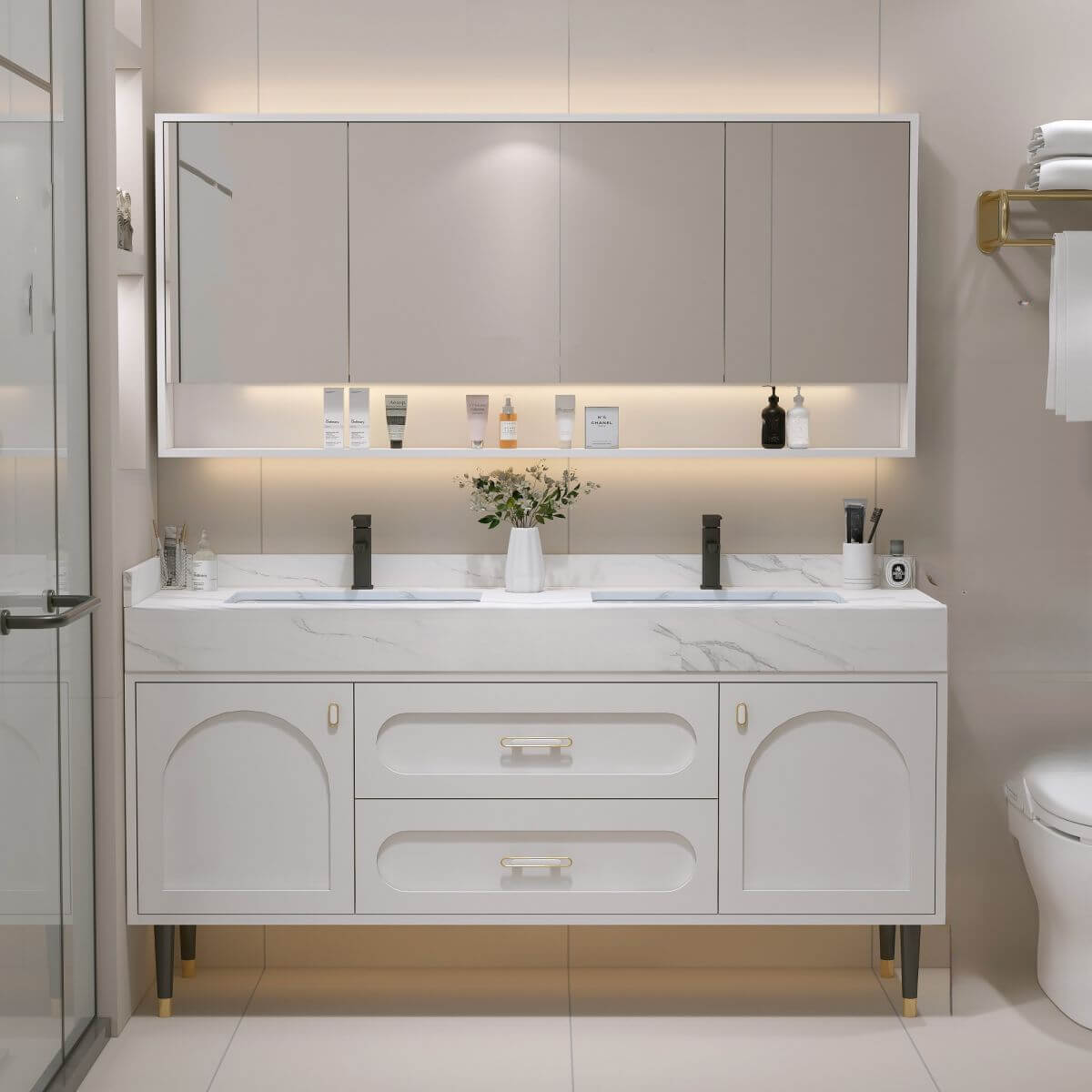 Modern bathroom vanity with white stone countertop